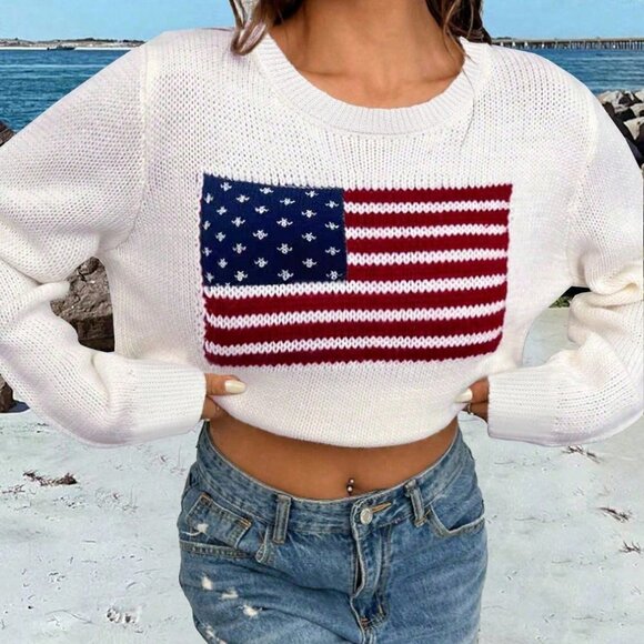 White Casual Womens Flag Design Drop Shoulder Sweater - Picture 5 of 5